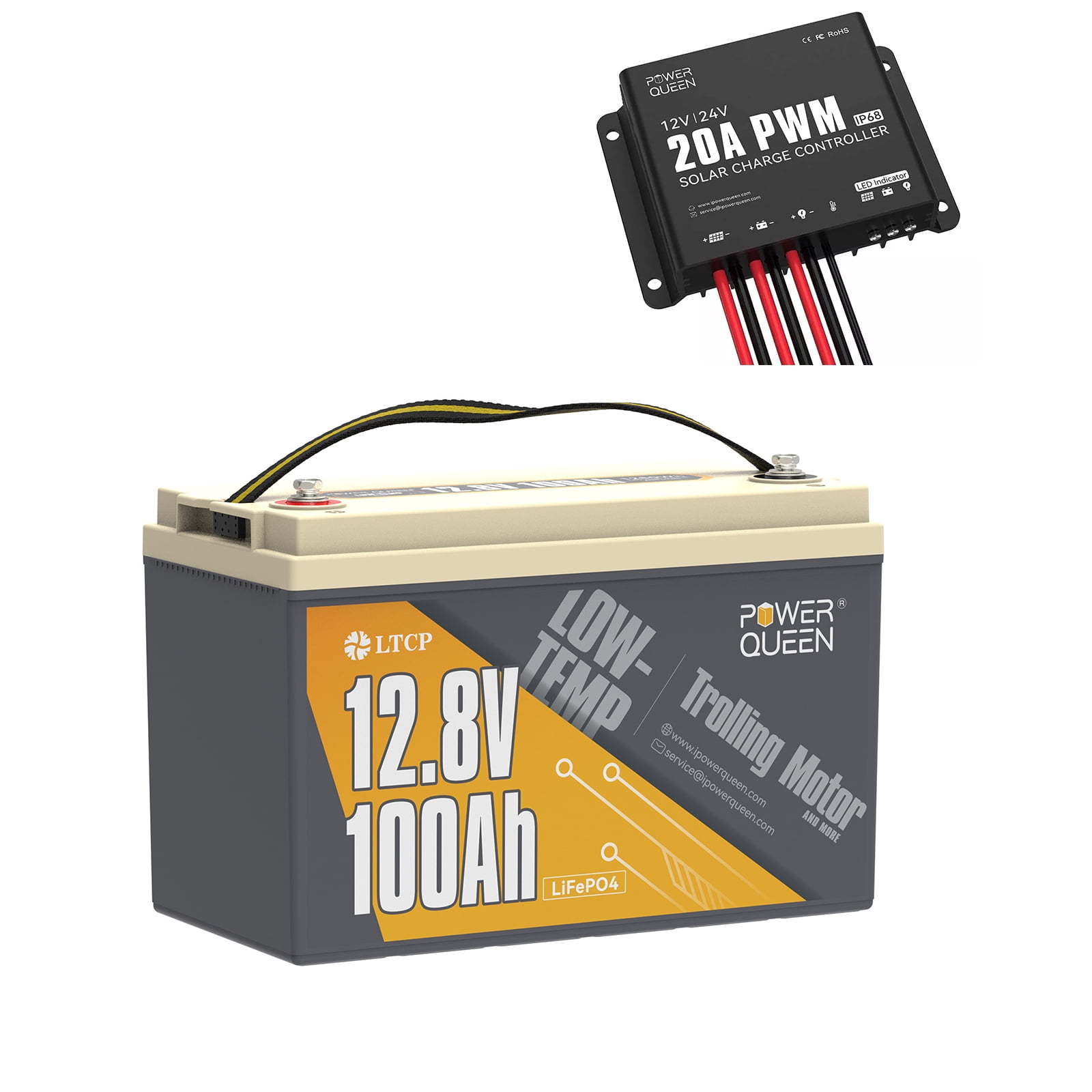 Power Queen 12V 100Ah Low Temp Protection Lithium Battery with 20A PWM Waterproof Solar Charger Controller