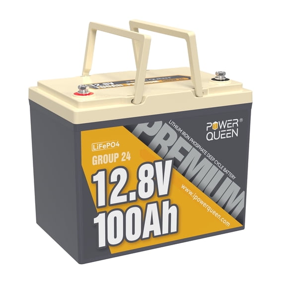 Power Queen 12V 100Ah Premium LiFePO4 Battery Fits Group 24 Battery Box, 1280Wh Lithium Battery with 100A BMS, Perfect for Trailer RV, Marine, Solar Power System