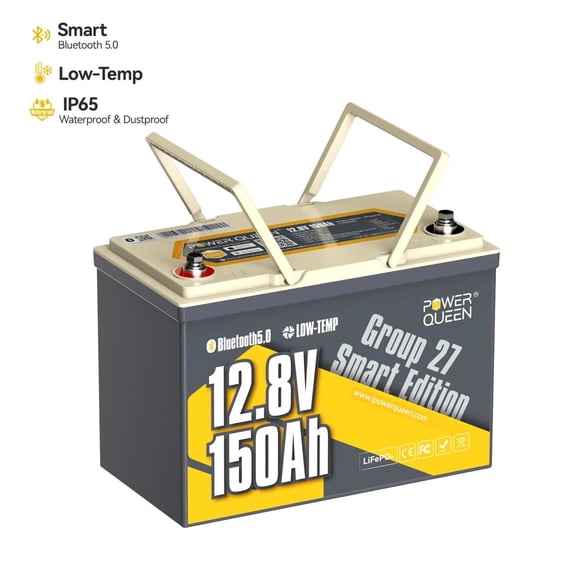 Power Queen 12V 150Ah Group 27 Lithium LiFePO4 Deep Cycle Battery, Bluetooth 5.0 BMS, Low Temp Protection for RV, Marine, Solar Off-Grid