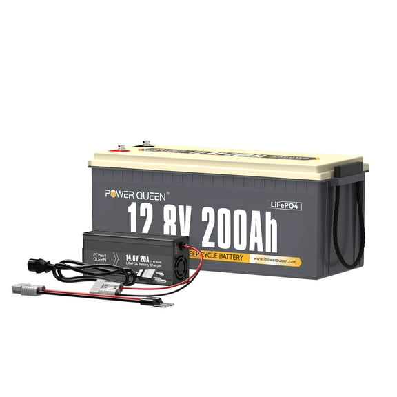Power Queen 12V 200Ah LiFePO4 Lithium Battery with 14.6V 20A Charger for RV, Solar