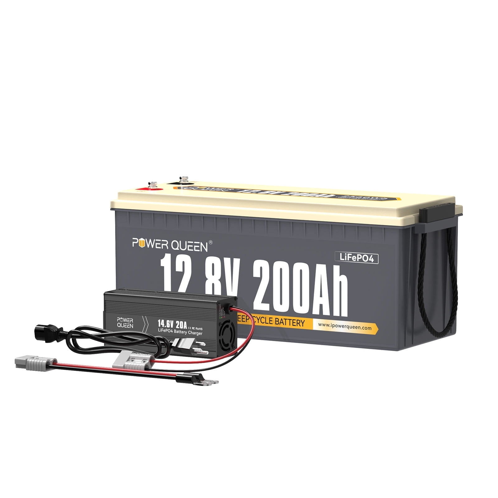 Power Queen 12V 200Ah LiFePO4 Lithium Battery with 14.6V 20A Charger for RV, Solar