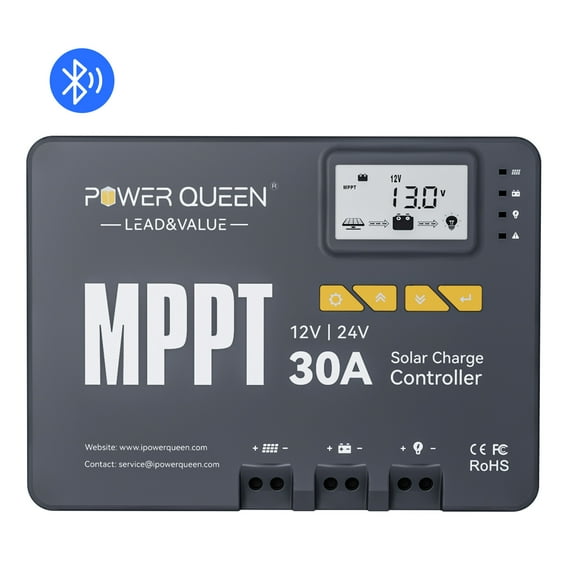 Power Queen 12V 24V 30A MPPT Solar Charge Controller with Bluetooth-Brand New