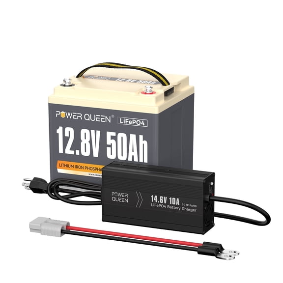Power Queen 12V 50Ah Deep Cycle LiFePO4 Lithium Battery with 14.6V 10A Charger for RV, Trolling Motor, Fish Finder