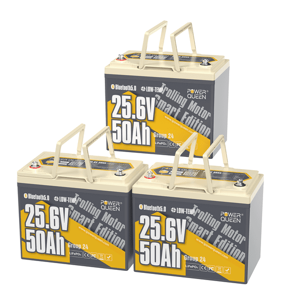 Power Queen 3 Packs 24V 50Ah TM Bluetooth LiFePO4 Battery for Off-grid,Marine,Solar,Lawn Mower