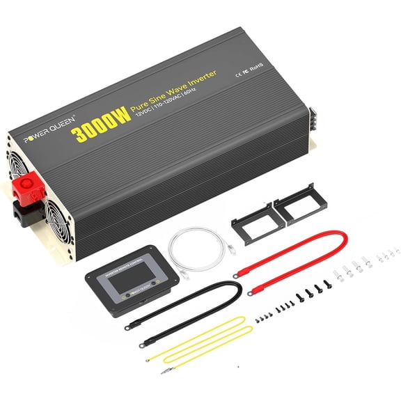 Power Queen 3000W Pure Sine Wave Inverter Charger,Solar Power Inverter 12V DC to 110V-120V AC Converter with Remote Control,6000W Peak Power4 AC Outlets USB Type-C for Home RV Off-Grid Solar Power