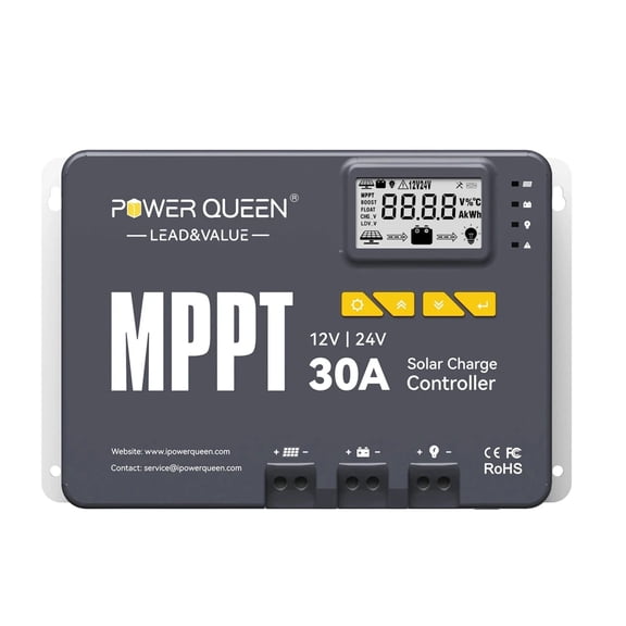 Power Queen 30Amp 12V/24V MPPT Solar Charge Controller with Bluetooth and LCD screen , Fit for Gel Sealed Flooded and Lithium Battery