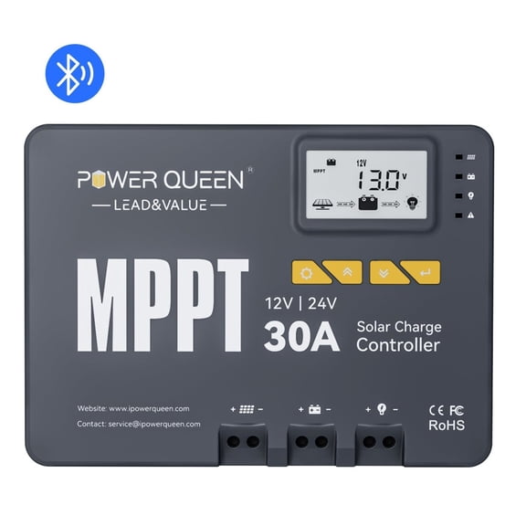 Power Queen 30Amp 12V/24V MPPT Solar Charge Controller with Bluetooth and LCD screen , Fit for Gel Sealed Flooded and Lithium Battery