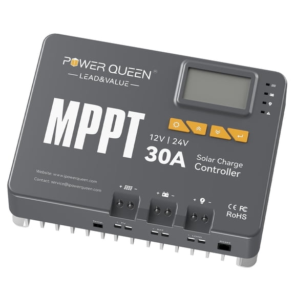 Power Queen 30Amp 12V/24V MPPT Solar Charge Controller with Bluetooth and LCD screen , Fit for Gel Sealed Flooded and Lithium Battery