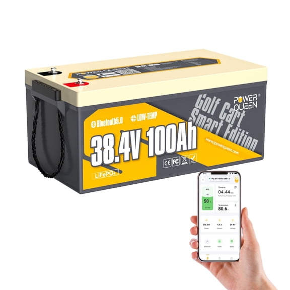 Power Queen 36V 100Ah Bluetooth Low Temp Cut Off LiFePO4 Battery Deep Cycle Lithium for Golf Cart Outboard Motor (Support 2 Series to 72V 100Ah)