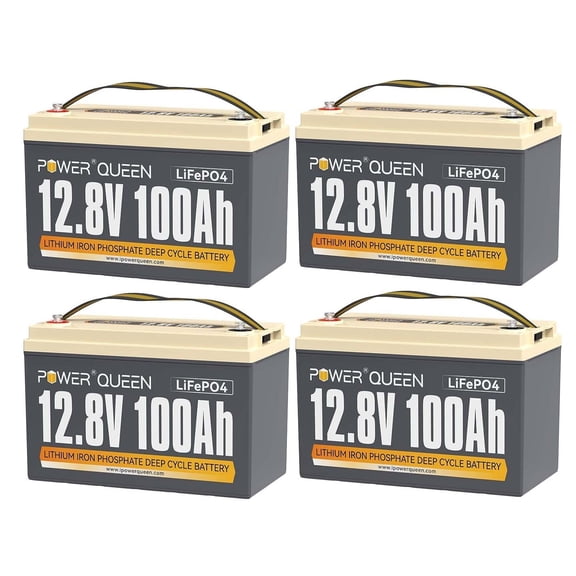 Power Queen 4 Pack 12.8V 100Ah LiFePO4 Battery, Built-in 100A BMS, Lithium Battery 5120Wh, Up to 15000+ Cycles, Support in Series/Parallel, widely used for Solar Home System, RV, Off-grid Life,Marine