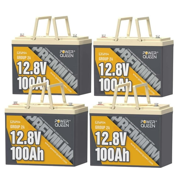 Power Queen 4PACK 12V 100Ah Group 24 LiFePO4 Battery, 5120Wh Lithium Battery, with 100A BMS,Grade A Battery Cell, Perfect for Trailer RV, Marine, Solar Power System