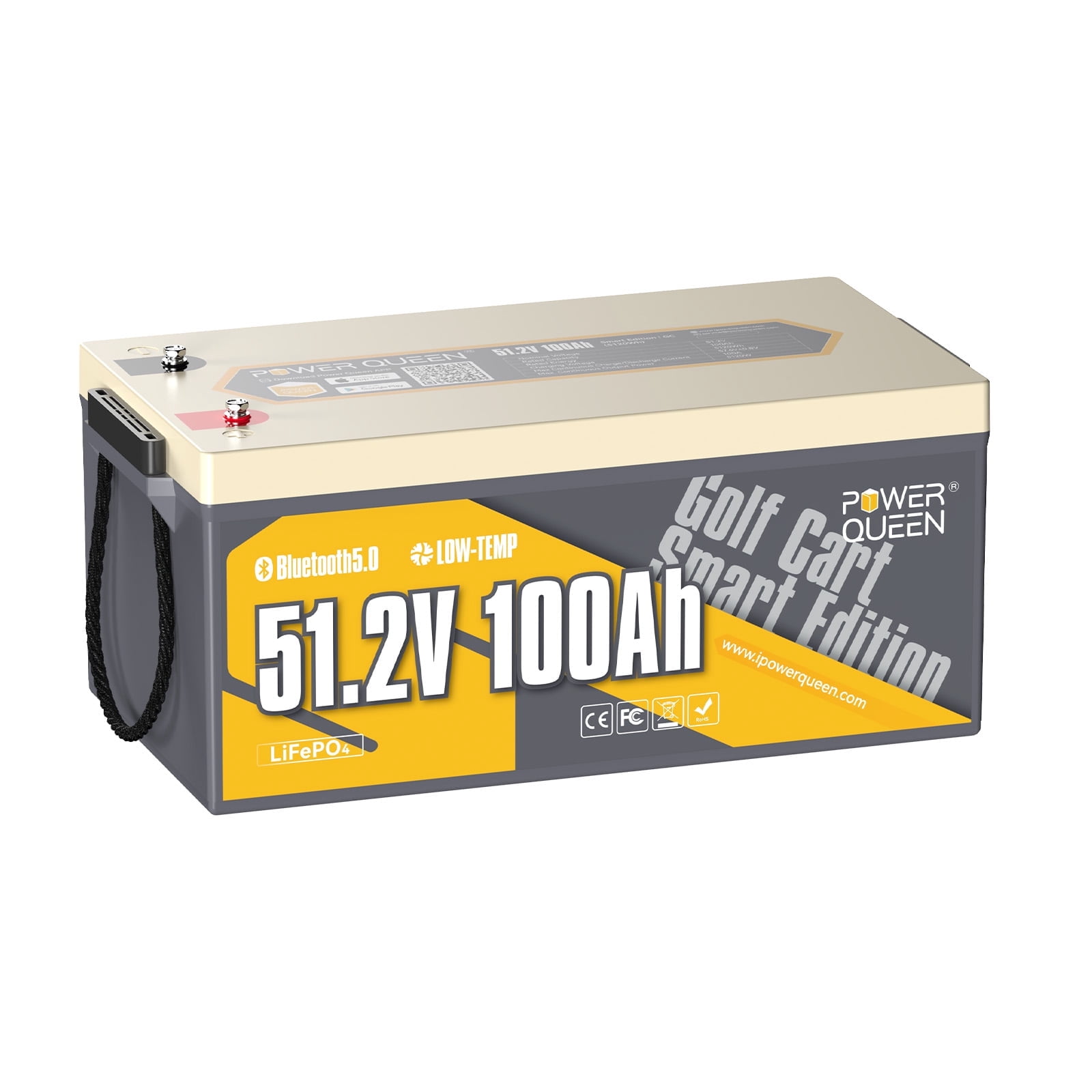 Power Queen 51.2V 100Ah Smart LiFePO4 Battery for Golf Carts, 15000 Cycles Lithium Battery , Built-in 200A Smart BMS with Low-temp Cut-off for 5kW Motor Golf Cart, Marine