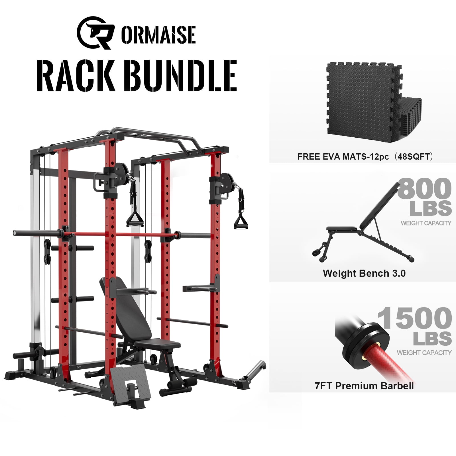 Power Rack Cage PC07, 2200 lbs Weight Rack with Cable Crossover Machine,Multi-Function Squat Rack with J Hooks,Dip Bars and Landmine for Home Gym (Red), Plate Loaded