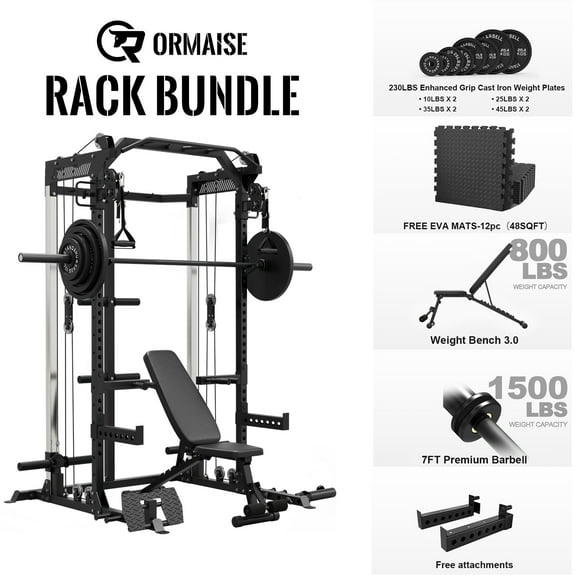 Power Rack Cage, Weight Rack with Dual Pulley Cable Crossover Machine,Multi-Function Squat Rack with J Hooks,Dip Bars and Landmine for Home Gym