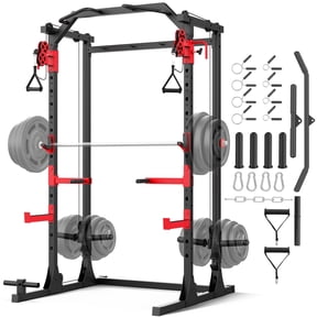 Power Rack Squat Cage Heavy-Duty Home Gym Strength Training Station, Black/Red