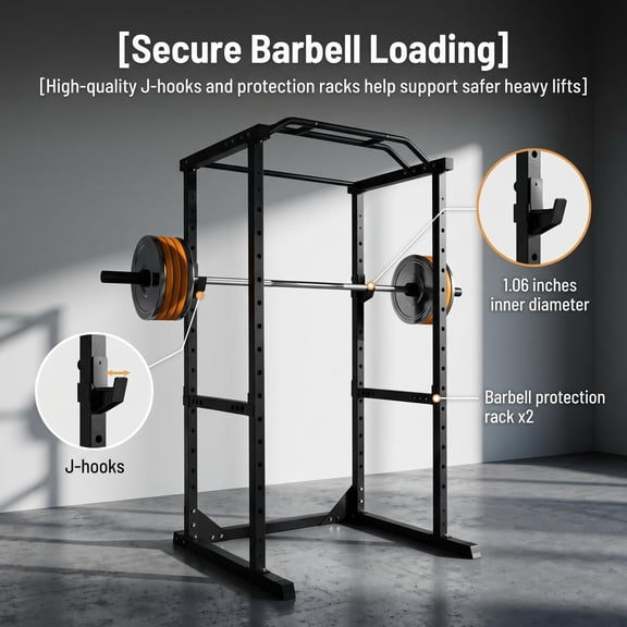 Power Rack, Stable 2"2" Square Frame Squat Rack With 1200 Lbs Load, Safety Arms And J-Hooks, 14 Adjustable Height Presets Multi-Function Power Cage for Indoor Home Training
