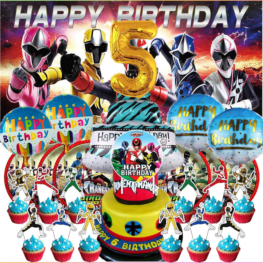 Power Ranger 5th Tableware Balloons Cake Toppers Backdrop Banner ...