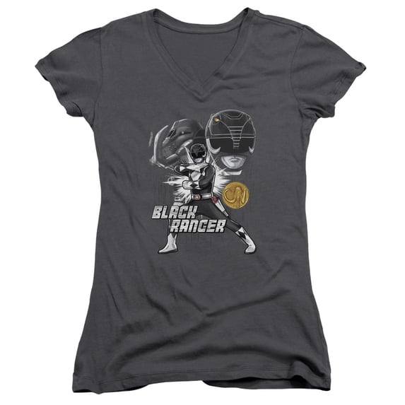 Power Rangers Black Ranger Junior Women's V-Neck T-Shirt Charcoal