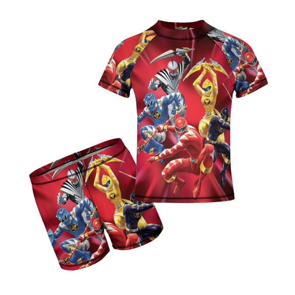 Power Rangers Boys 2-Piece Swimsuit Set, Short Sleeve Rash Guard & Swim Trunks for Kids