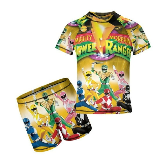 Power Rangers Boys Two Piece Swimsuit Kids Swimwear Set Short Sleeve Bathing Suit Trunks And Shirt