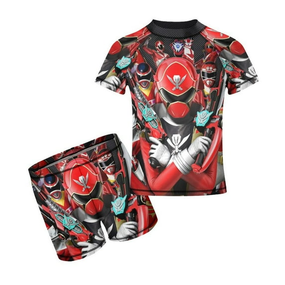 Power Rangers Boys Two Piece Swimsuit Kids Swimwear Set Short Sleeve Bathing Suit Trunks And Shirt