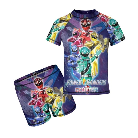 Power Rangers Boys Two Piece Swimsuit Kids Swimwear Set Short Sleeve Bathing Suit Trunks And Shirt