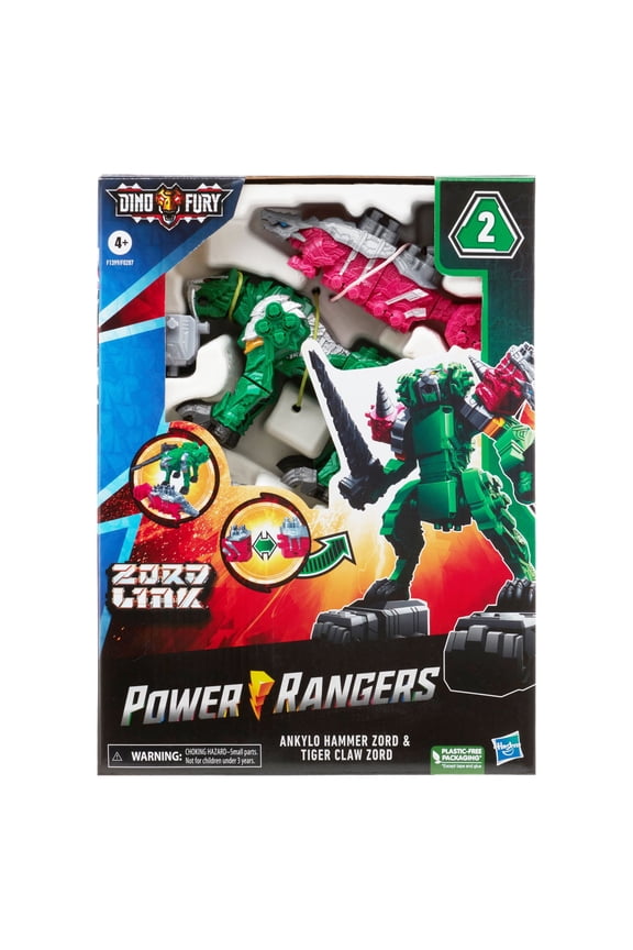 Dino Fury Pink Ankylo Hammer and Green Tiger Claw Zord Action Figure Set, 12 Pieces