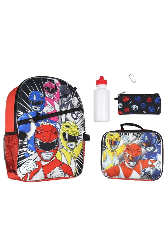 Power Rangers Let's Do This Red Pink Black Blue Ranger Backpack Lunch Bag Gadget Case Carabiner Water Bottle 5 Piece Set