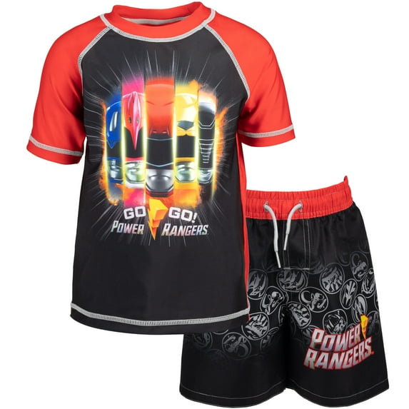 Power Rangers Little Boys Rash Guard and Swim Trunks Outfit Set Toddler to Big Kid