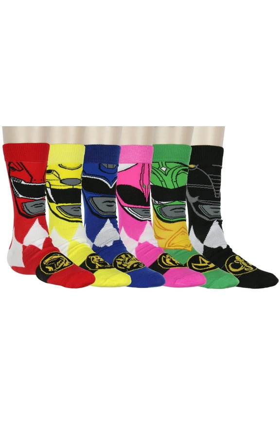 Power Rangers Men's Ranger Big Face Color-Inspired 6-Pack Mid-Calf Crew Socks Shoe Size 6-12