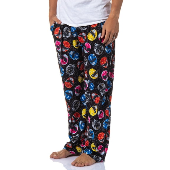 Power Rangers Mens' All-Over Tossed Print Red Pink Black Yellow Power Ranger Helmet Sleep Lounge Pajama Pants