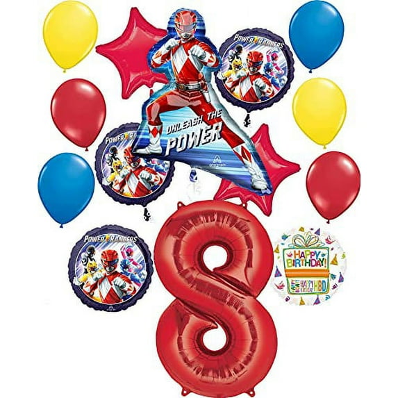Power Rangers Party Supplies 8th Birthday Unleash the Power Balloon Bouquet Decorations Red Number 8