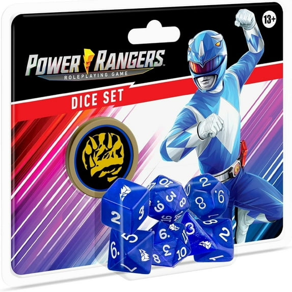 Renegade Game Studios Power Rangers Roleplaying Game Dice- Blue 8-Piece Dice Set, Custom Dice, Power Coin