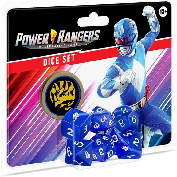 Renegade Game Studios Power Rangers Roleplaying Game Dice- Blue 8-Piece Dice Set, Custom Dice, Power Coin