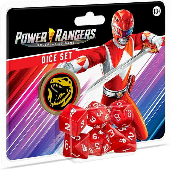 Renegade Game Studios Power Rangers Roleplaying Game Dice- Red 8-Piece Dice Set, Custom Dice, Power Coin