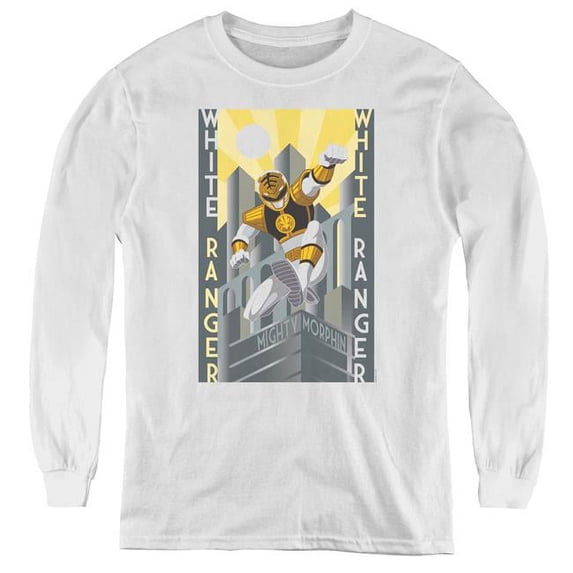 Power Rangers & White Ranger Deco Youth Long Sleeve Tee Shirt, White - Medium