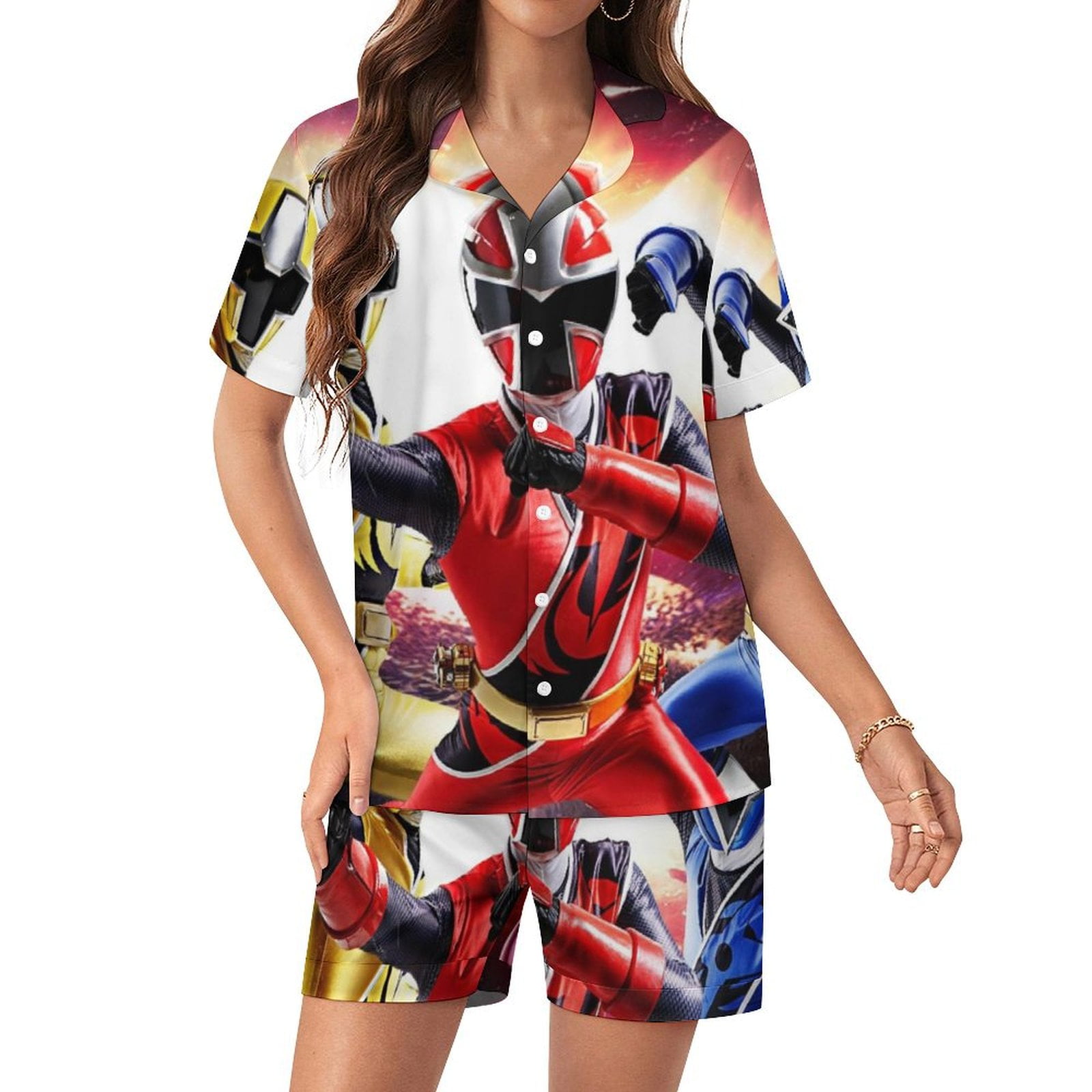 Power Rangers Women Pajamas Set Short Sleeve Sleepwear Button Down ...