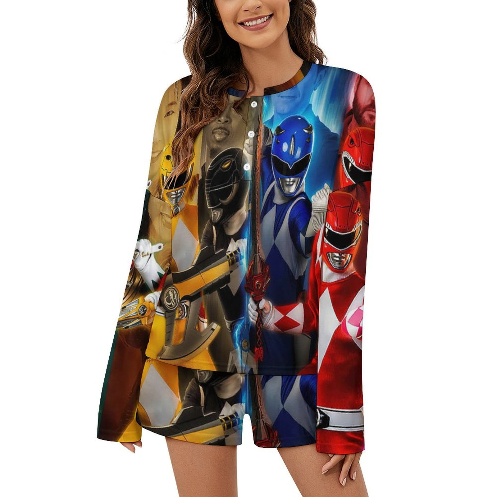Power Rangers Womens Button Down Pajamas Set Long Sleeve Sleepwear ...