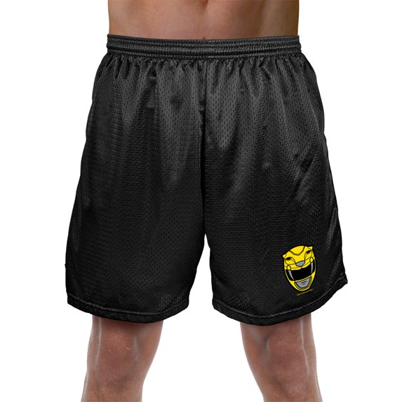 Power Rangers Yellow Ranger Helmet Mens Lined Mesh Shorts, Black, Medium