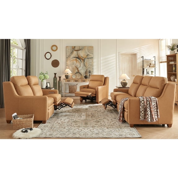 Power Recline Sofa Set Genuine Top Grain Leather Triple-Motor Reclining Couch Set Zero-Wall Reclining Sofa with Adjustable Headrest and Lumbar, 3 Piece Living Room Set