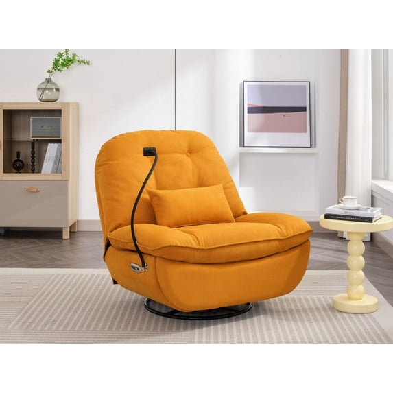 Power Recliner with 270 Degrees Swivel Glider, Modern Sofa Chair with USB Interfaces and Mobile Phone Holders, Swivel Glider Chair for Living Room, Bedroom, Orange