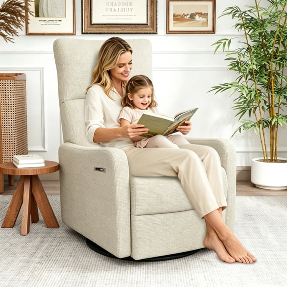 Power Recliner Chair, 270° Swivel Rocker for Small Spaces - Brown Fabric Glider