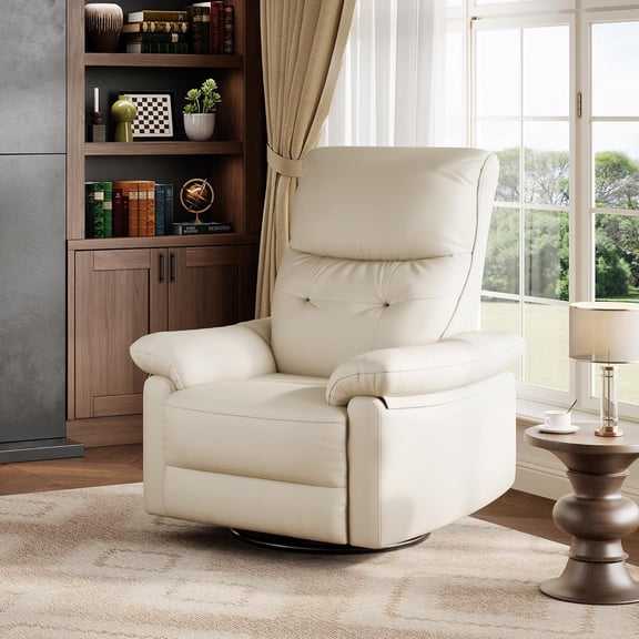 Power Recliner Chair, 270 Swivel Rocking Glider with USB Charging Port, PU Leather Upholstered Fabric and Button Tufted Backrest, Ergonomic Nursery Chair for Living Room, Nursery (Cream)
