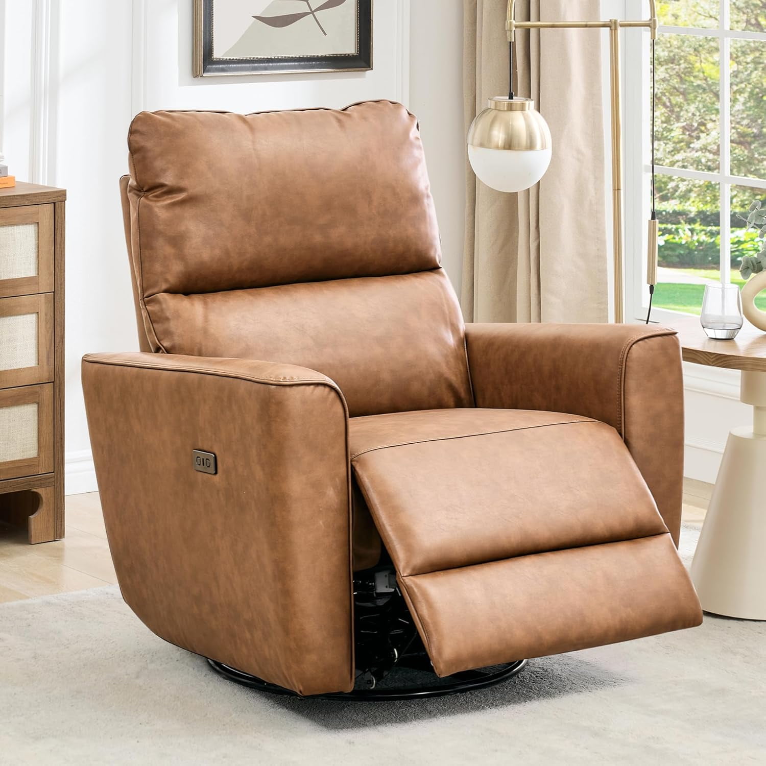 Power Recliner Chair 270° Swivel Rocking Glider with USB Port PU Leather Upholstered Nursery Chair with Adjustable Backrest for Living Room Office Home Theater and Nursery
