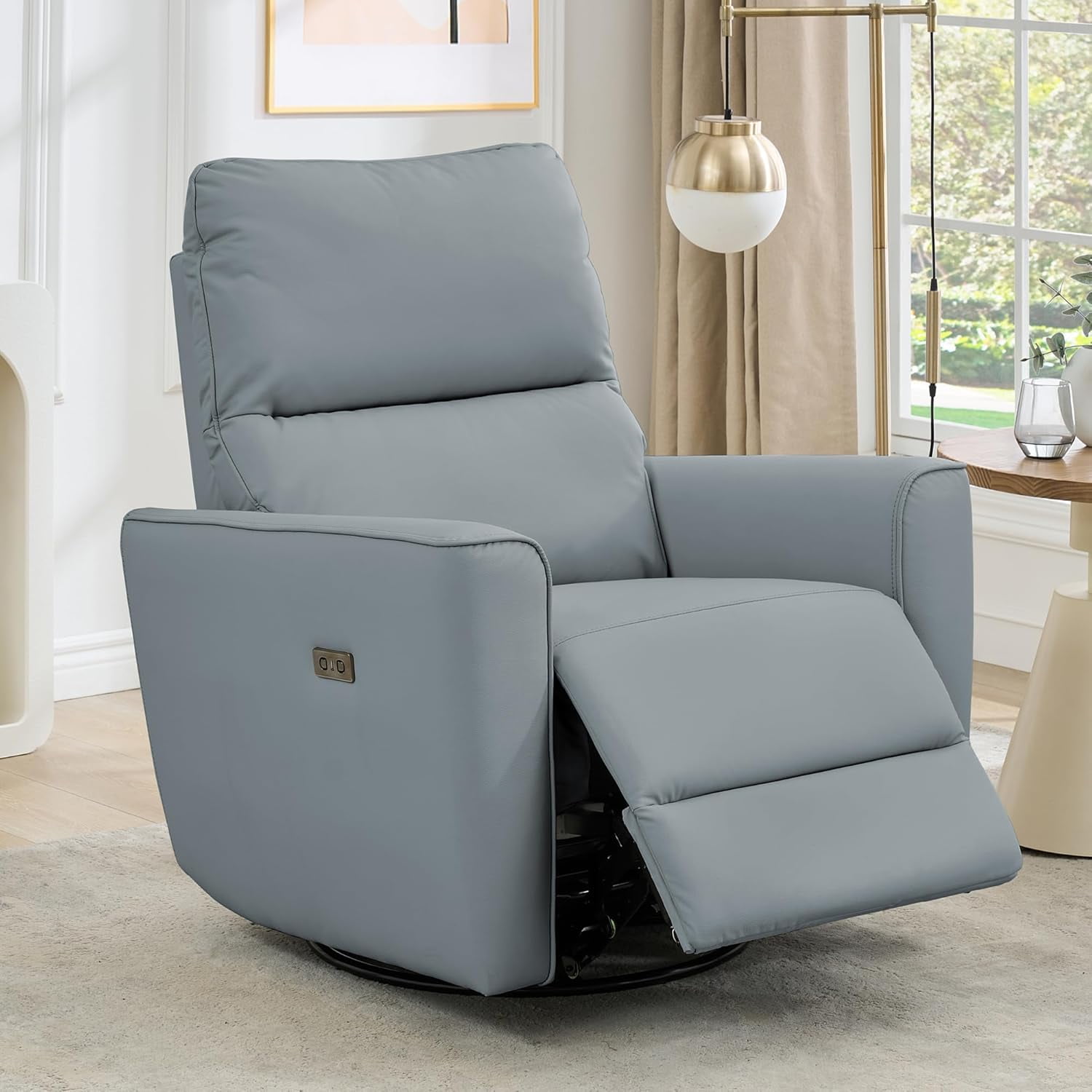 Power Recliner Chair 270° Swivel Rocking Glider with USB Port PU Leather Upholstered Nursery Chair with Adjustable Backrest for Living Room Office Home Theater and Nursery