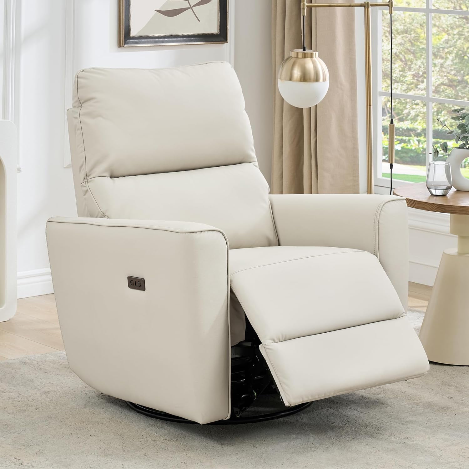 Power Recliner Chair 270° Swivel Rocking Glider with USB Port PU Leather Upholstered Nursery Chair with Adjustable Backrest for Living Room Office Home Theater and Nursery