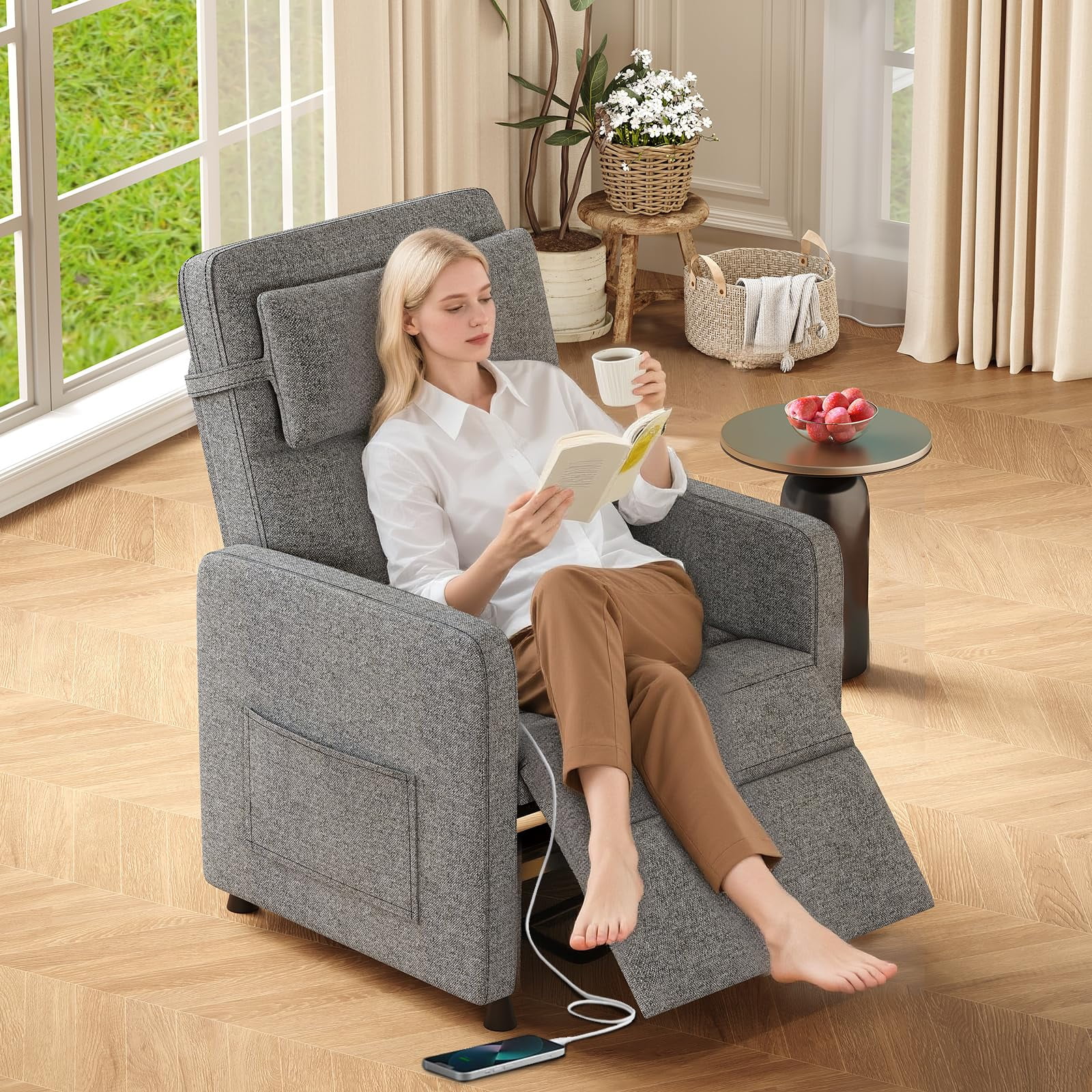 Power Recliner Chair with Adjustable Electric Recliner, Ergonomic Overstuffed Rocking Sofa with 2 Side Pockets & USB Port for Living Room, Bedroom,Gray