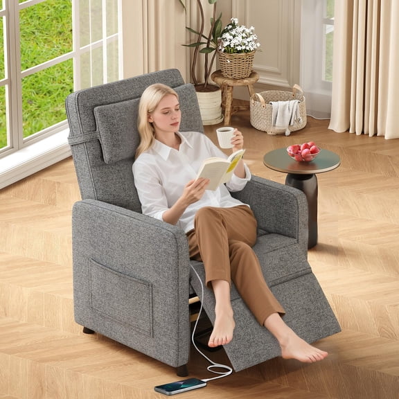 Power Recliner Chair with Adjustable Electric Recliner, Ergonomic Overstuffed Rocking Sofa with 2 Side Pockets & USB Port for Living Room, Bedroom,Gray