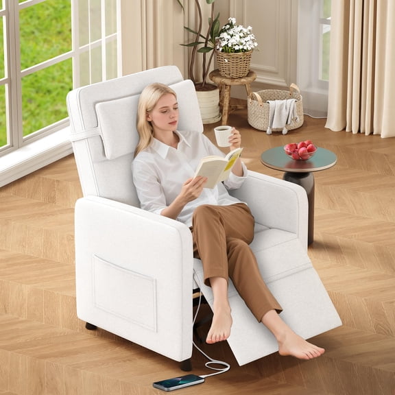 Power Recliner Chair with Adjustable Electric Recliner, Ergonomic Overstuffed Rocking Sofa with 2 Side Pockets & USB Port for Living Room, Bedroom,White