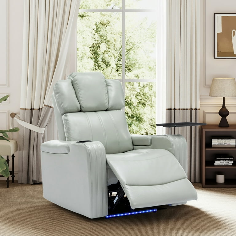 Power Recliner Chair with Arm Storage and 360 Degree Swivel Tray Table PU Leather Single Recliner Chair with Cooling Cup Holder Bluetooth Speaker LED Lights USB Ports for Living Room Grey
